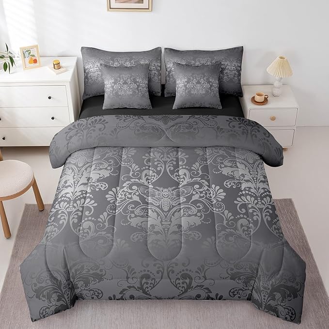 Erosebridal Gothic Damask Comforter Set 7 Piece Bed in a Bag Twin,Exotic Moth Bedding Sets Silver Gray Victorian Floral Goth Sheet Set with Comforter