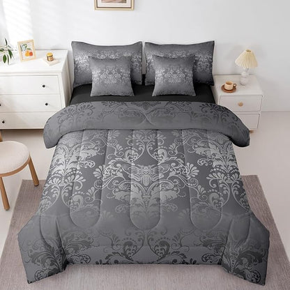 Erosebridal Gothic Damask Bed in a Bag Queen Comforter Set 7 Piece,Exotic Moth Bedding Sets Silver Gray Victorian Floral Goth Sheet Set with Comforter