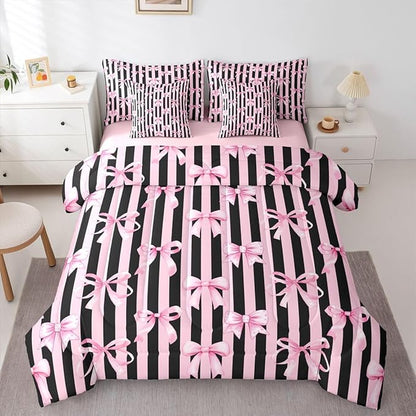 Erosebridal Kids Girls Bowknot Bow Black Pink Y2K Full Comforter Set 7 Pieces | Kawaii Cute Bed in A Bag for Bedroom Stripe Bedding Set with Comforters Geometric Room Decor
