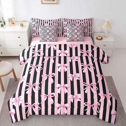 Erosebridal Kids Girls Bowknot Bow Black Pink Y2K Comforter Set Queen Size 7 Pieces | Kawaii Cute Bed in A Bag Stripe Bed Set Geometric Bedding