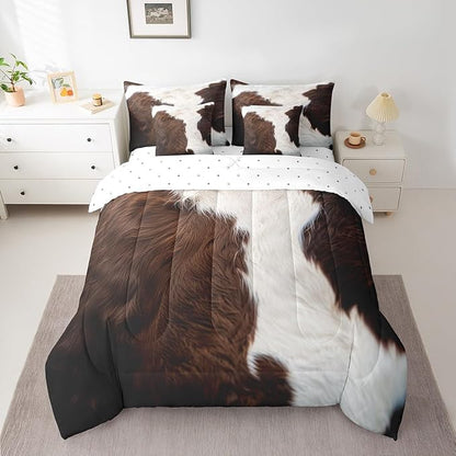 Brown and White Bedding Comforter Sets 7-Piece Cowhide Cow Print Bed in a Bag, Milk Cow Fur Queen Bedding Sets Wildlife Hair Comforter Set Queen, Animal Skin Pattern Bedding Sets & Collections