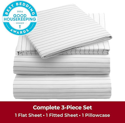 Mellanni Twin XL Sheets Set - 3 PC Iconic Collection Bedding - Hotel Luxury, Extra Soft, Cooling Bed Sheets - Wrinkle, Fade, Stain Resistant (Twin Extra Long, Pinstripe Gray)