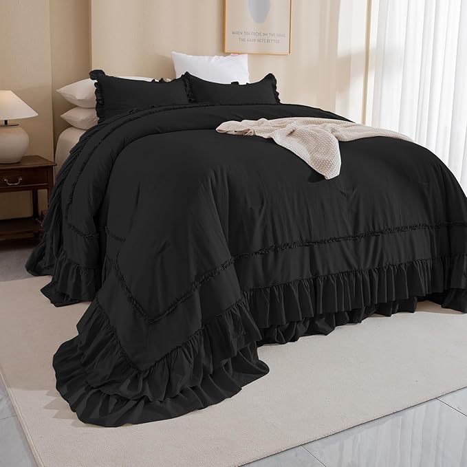 QSH 3PCs Black Ruffled Oversized King Comforter 120x120,Farmhouse Shabby French Country Chic Ruffle Bed Comforter Set Boho Lightweight Ultra Soft Microfiber California King Comforter with Pillowcases