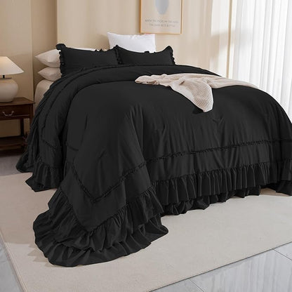 QSH Oversized King Comforter 128x120,3PCs Black Farmhouse Lightweight Ruffled Bedding Comforter Set Shabby Boho Chic California King Bed Comforter Set French Country Soft Microfiber Fluffy Bed Set