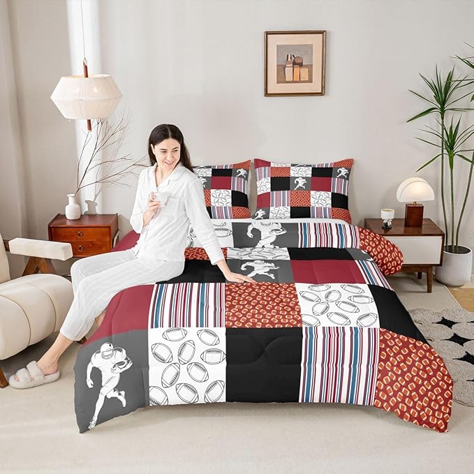 Feelyou Football Kids Comforter Set Full Size Rugby Sports Bedding Set Soccer Ball Game Duvet Quilt for Kids Boys Girls Bedroom Gift for Football Lover Decor Orange Red Ultra Soft Breathable