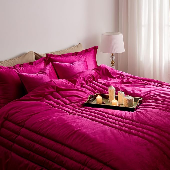 MUSSEL King Size Comforter Set Hot Pink 3 Pieces,Luxury Velvet Striped Bedding Comforter Sets,Elegant Lightweight Neutral Soft Fluffy King Comforter Sets for Bedroom
