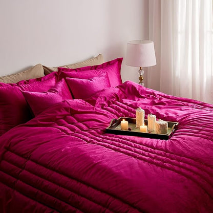 MUSSEL King Size Comforter Set Hot Pink 3 Pieces,Luxury Velvet Striped Bedding Comforter Sets,Elegant Lightweight Neutral Soft Fluffy King Comforter Sets for Bedroom