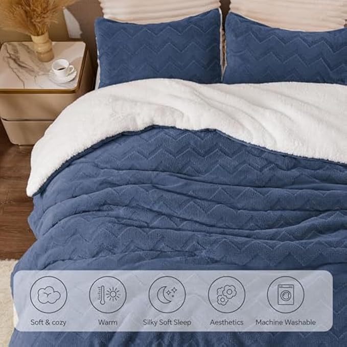 BEDELITE Fluffy Full Size Comforter Set - Super Soft Sherpa Navy Comforter for Full Size Bed, Luxury Warm Bedding Set for Winter, Fuzzy Bed Set 3 Pieces (1 Comforter, 2 Pillowcases)