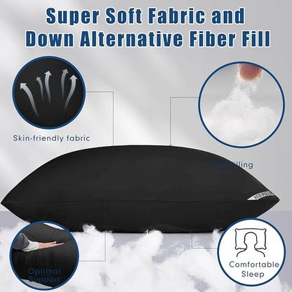 Down Alternative Bed Pillows, Queen Size 4-Pack - Gentle & Safe Plush Hotel Pillows for Side Back Stomach Sleepers - Supportive Black Pillow Set