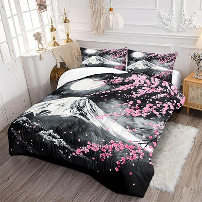 Japanese Cherry Blossom Comforter Set Full Grey Pink Floral Bedding Set for Japan Decor Mount Fuji Bedding Soft Lightweight Comforter Sets with 2 Pillowcases
