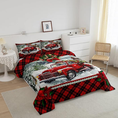 Christmas Truck Comforter Set King Size Kids Girls Boys Red Plaid Decor Pine Tree Bedding Set 3pcs Winter Snow View Quilt Set Happy New Year Gifts Duvet Insert with 2 Pillowcases