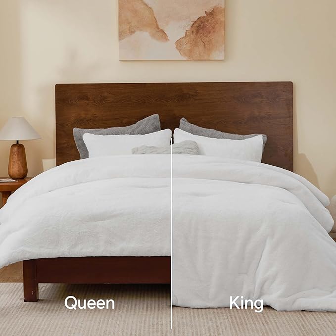 BEDELITE Faux Fur Fleece Queen Comforter Set - Fluffy & Warm White Comforter Queen Size，Ultra Soft and Cozy Winter Bedding Set,Fuzzy Thick Bed Set,1 Comforter and 2 Pillowcases