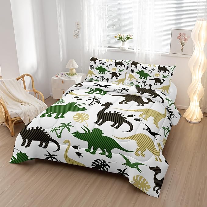 Cartoon Dinosaur Comforter Set Twin Size 3 PCS,Green Dinosaur Printed Quilt Set for Bedroom Soft Microfiber All Season Print Quilt Set with 1 Comforter and 2 Pillow Case