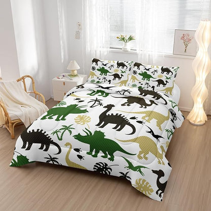 Cartoon Dinosaur Comforter Set Queen Size 3 PCS,Green Dinosaur Printed Quilt Set for Bedroom Soft Microfiber All Season Print Quilt Set with 1 Comforter and 2 Pillow Case