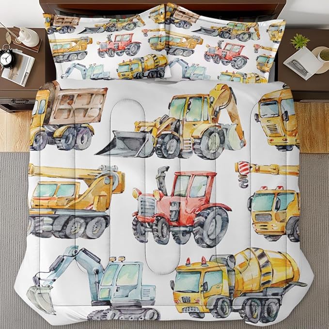 Colorful Car Trucks Construction Comforter Set for Boys Kids Toddlers Teens Twin, Red Tractor Excavator Bedding Sets Water Washed Microfiber Bedding with 1 Comforter 1 Pillowcase All Season