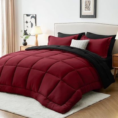Sasttie Red & Black King Size Comforter Set, 7 Pieces Bed in a Bag King, Complete Bedding Set Includes Comforter, Flat Sheet, Fitted Sheet, Pillowcases and Pillow Shams, Burgundy
