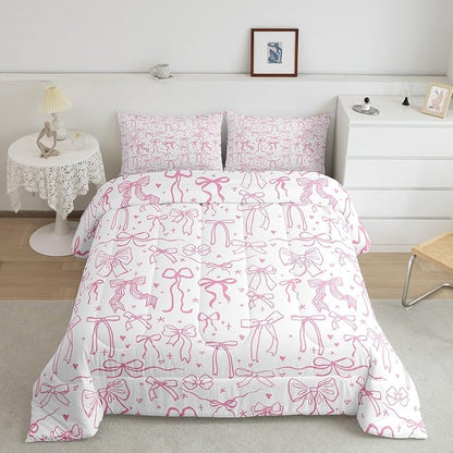 Pink Bowknot Kids Girls Comforter Set King Size,Cartoon Hand Drawn Stars Love Bow Quilt Set,Sweet Princess Style Bedding Set for Teens Woman Room Decor,Dreamy Pink White Duvet Insert 3Pcs