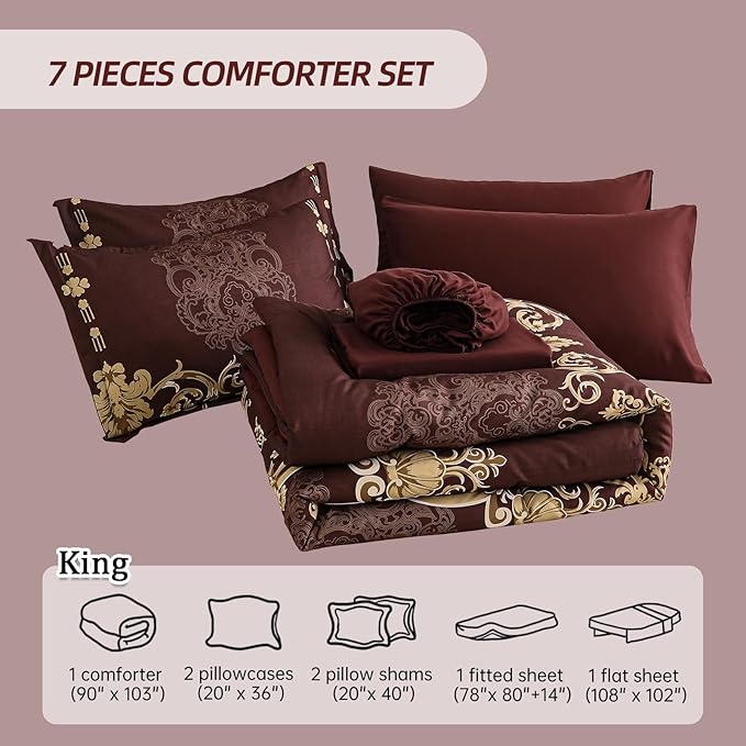 Mybedsoul 7 Pieces Burgundy Comforter Set King Size, Damask Bed in a Bag for King Bed, Lightweight Microfiber Boho Bedding Sets with Comforter, Sheet, Pillowcases & Shams for All Season(90"x104")