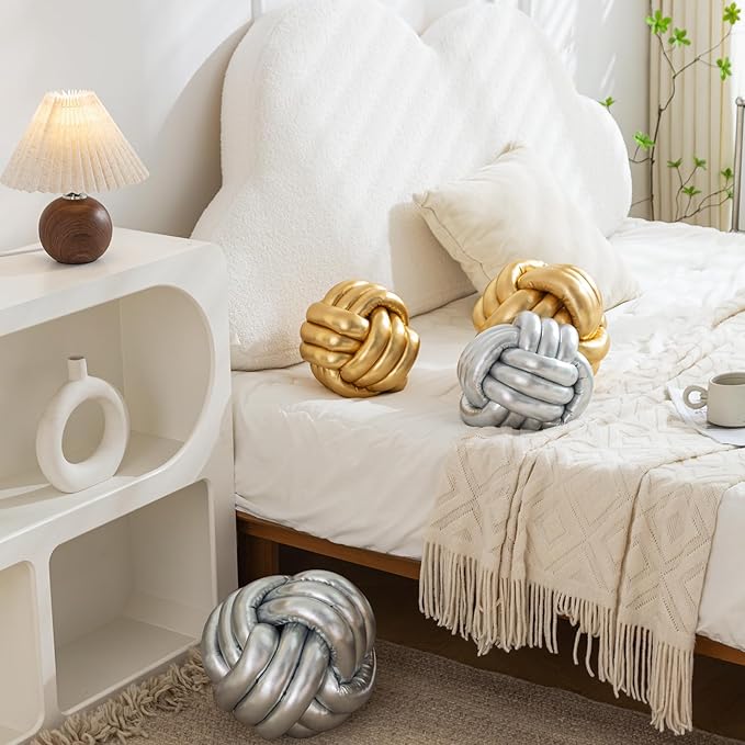 Handmade Round Knot Ball Pillow Pillow Plush Pillow Knotted Pillow Bedroom Decor Plush Knot Small Size 8Inch Silver