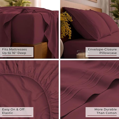 Mellanni Full Sheets Set - 4 PC Iconic Collection Bedding - Hotel Luxury, Extra Soft, Cooling Bed Sheets - Wrinkle, Fade, Stain Resistant (Full, Burgundy)