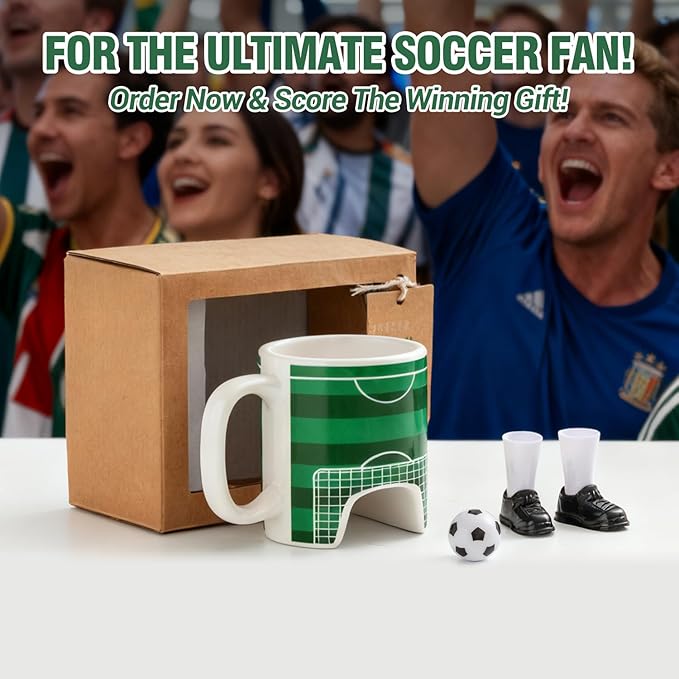 Soccer Mug Funny Coffee Cup Novelty Ceramic Mug With Cute Soccer Ball and Finger Shoes Football Players Gifts for Boys Football Lovers Coach Birthday Christmas Fathers Day