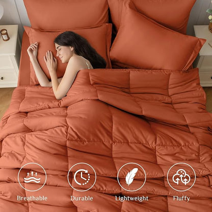 JOLLYVOGUE Queen Comforter Set, Ultra-Soft Bed in a Bag Queen Size 7 Pieces, Oeko-TEX Certified Bedding Set with Down Alternative Comforter, Sheets, Pillowcases & Shams, Burnt Orange