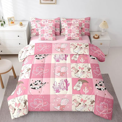 Feelyou Pink Western Decor Comforter Set with Sheets Twin Size Kids West Cowboy Plaid 7 Pieces Bedding Set for Boys Girls Teens Rodeo Cowboy Grid Bed in a Bag Grunge Design Bed Set Cactus