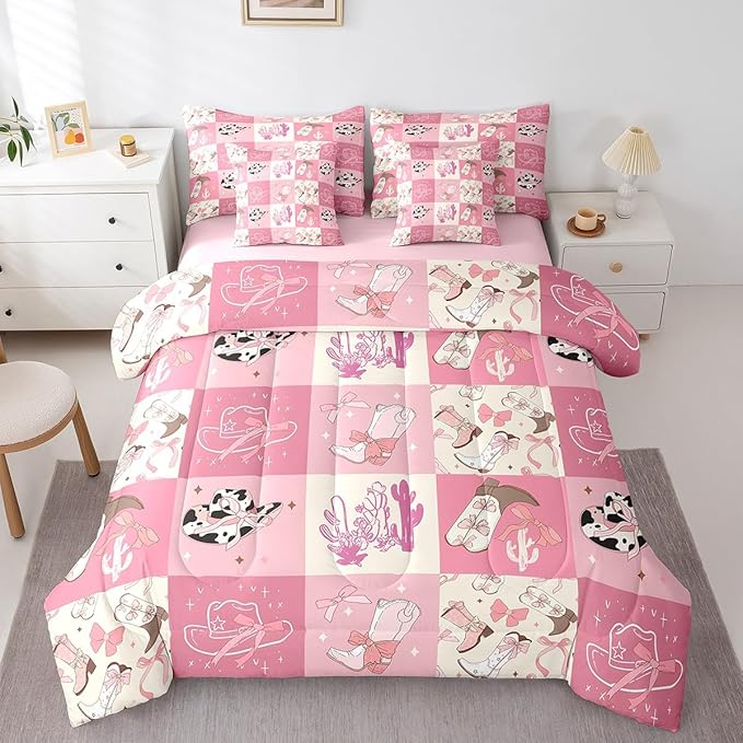 Feelyou Pink Western Decor Comforter Set with Sheets Queen Size Kids West Cowboy Plaid 7 Pieces Bedding Set for Boys Girls Teens Rodeo Cowboy Grid Bed in a Bag Grunge Design Bed Set Cactus