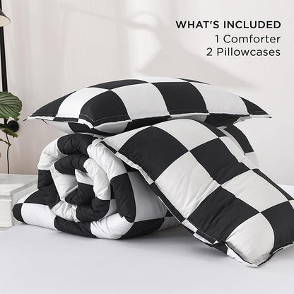 Andency Checkered Comforter Twin(66x90Inch), Black White Plaid Gingham Bed Set for Teen Boys Kids, Lightweight Microfiber Geometric Preppy Bedding, 2 Pieces
