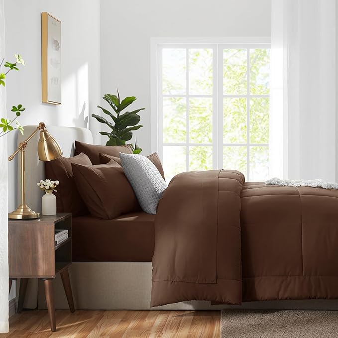 CozyLux King Size Comforter Set Brown, 7 Pieces Bed in a Bag, Brown Comforter King Size, All Season Bedding Sets with Stitch Quilted Comforter, Flat Sheet, Fitted Sheet, Pillowcases