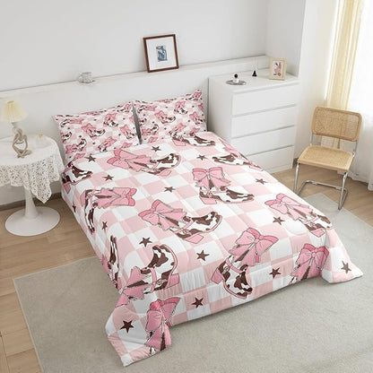 Feelyou Pink Western Bedding Set Cowgirl Cowboy Boots Comforter Set for Kids Boys Girls Teens Room Decor Cute Bowknot Dreamy Princess Style Comforter Toddler Size Plaid Duvet Set 2Pcs
