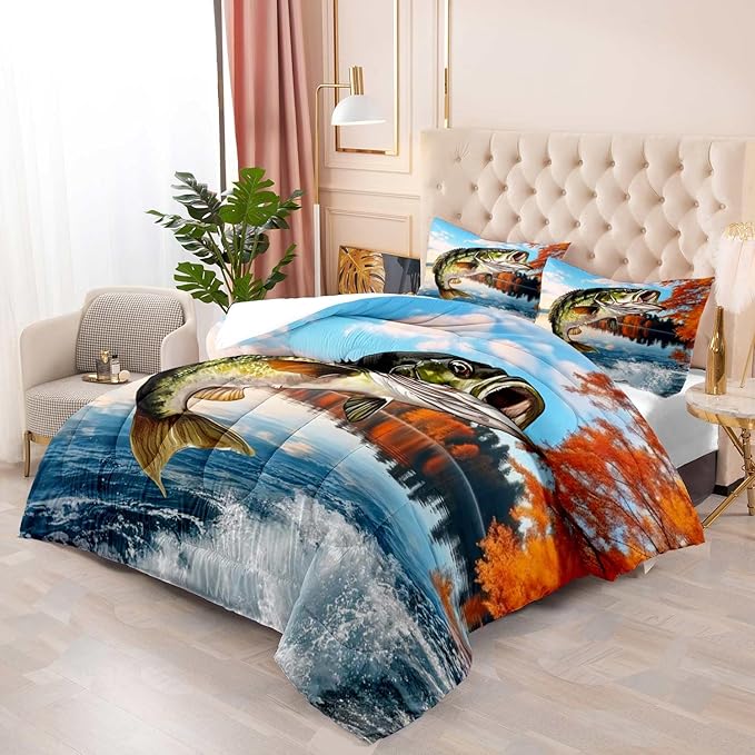 LUVIVIHOME 3PCS Fishing Comforter Set Full Size, Bass Fish Bedding for Kids Teens Boys, Lake Forest Wildlife Animal Country Rustic Farmhouse Hunting Bedroom Decor Soft Microfiber Quilt, 2 Pillow Shams