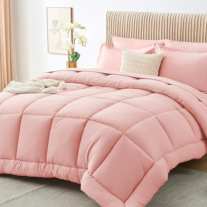 Sasttie Queen Comforter Set, Pink 7 Pieces Bed in a Bag Queen, Complete Bedding Set Includes Comforter, Flat Sheet, Fitted Sheet, Pillowcases and Pillow Shams, Pink