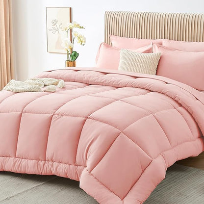Sasttie Queen Comforter Set, Pink 7 Pieces Bed in a Bag Queen, Complete Bedding Set Includes Comforter, Flat Sheet, Fitted Sheet, Pillowcases and Pillow Shams, Pink