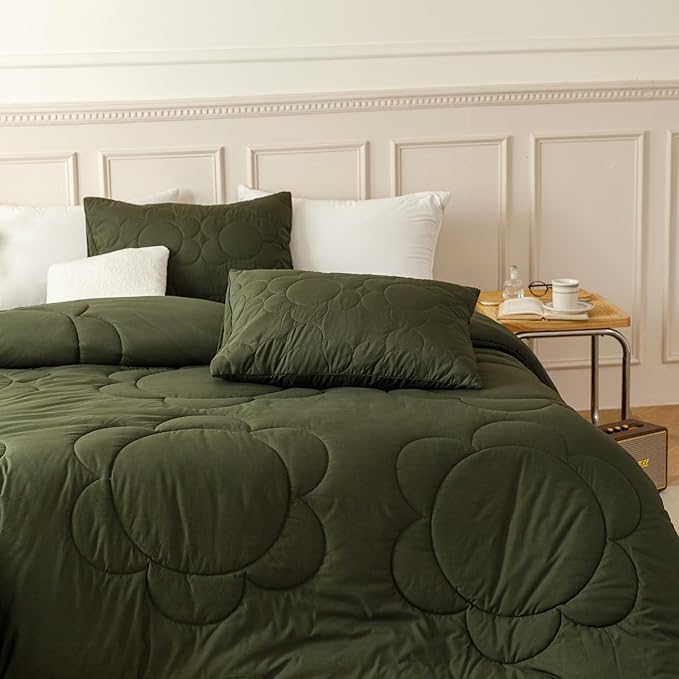 CLOTHKNOW Army Green Floral Comforter Set Twin/Twin XL Daisy Puff Bedding Comforter Sets Dark Green Comforter Sets Twin