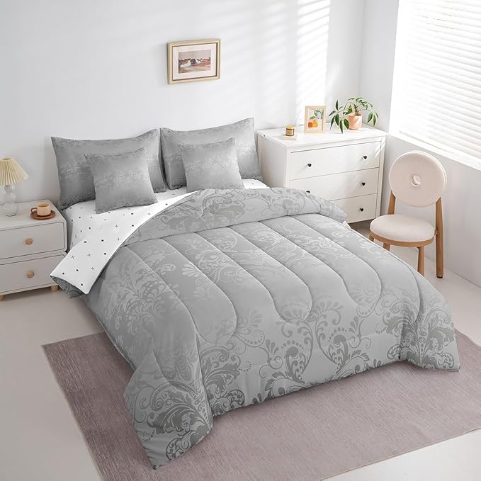 Erosebridal Gothic Damask Comforter Set 7 Piece Bed in a Bag Twin,Exotic Moth Bedding Sets Grey Victorian Floral Goth Sheet Set with Comforter