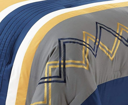 Chezmoi Collection Arden 7-Piece Modern Pleated Stripe Embroidered Zigzag Bedding Comforter Set (King, Navy/Gray/Yellow/White)
