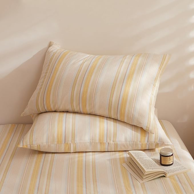 HighBuy Striped Comforter Set Queen Size Comfy Soft Yellow Stripes Pattern Bedding Comforter Set Fluffy Farmhouse Bohemian Bed Set 3 Piece,1 Comforter 2 Pillowcases,All Season,Breathable