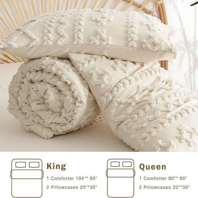 Boho Tufted Comforter Set Queen Size Beige Geometric Tufted Bedding Set 3 Pieces Farmhouse Shabby Chic Embroidery Comforter Soft Jacquard Bed Set for All Seasons with 2 Pillowshams