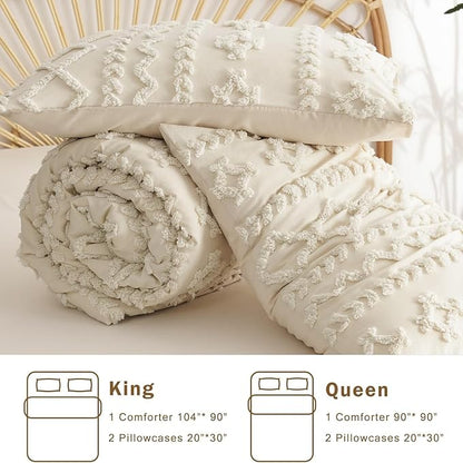 Boho Tufted Comforter Set Queen Size Beige Geometric Tufted Bedding Set 3 Pieces Farmhouse Shabby Chic Embroidery Comforter Soft Jacquard Bed Set for All Seasons with 2 Pillowshams