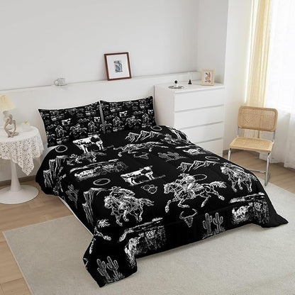 Erosebridal Western Cowboy Bedding Toddler Black White Horse Cow Print Comforter Set for Kids Boys Teen Men Country Wild West Bedding Comforter Sets Desert Cactus Quilt Duvet Rustic Room Decor
