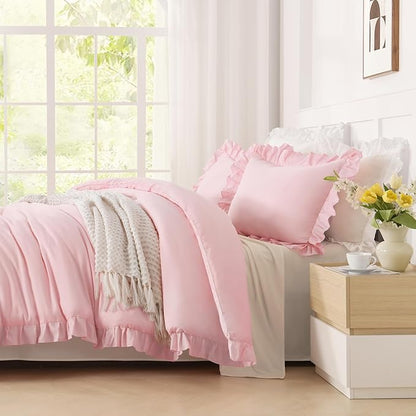Andency Oversized King Ruffle Comforter Set 120x120, 3 Pieces Pink Lightweight Fluffy Super King Bedding Set, Shabby Chic Famhouse All Season Bed Set for Girls Women