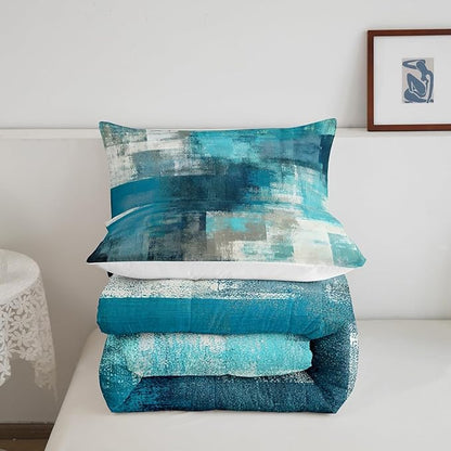Erosebridal Turquoise and Grey Comforter Set King,Grunge Teal Ombre Duvet Insert for Adult Warm,Vintage Watercolor Artwork Bedding Set Bedroom Decor,Contemporary Quilt Comforter with 2 Pillowcases
