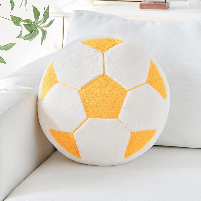 Soccer Pillow,12" Soccer Shaped Pillow Floor Cushion Seating Cushion with Faux Rabbit Fur,Round Soccer Throw Pillow Room Décor for Sofa Couch Living Room (Yellow)