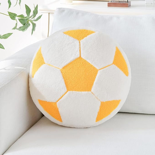 Soccer Pillow,12" Soccer Shaped Pillow Floor Cushion Seating Cushion with Faux Rabbit Fur,Round Soccer Throw Pillow Room Décor for Sofa Couch Living Room (Yellow)