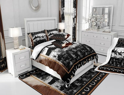 Feelyou Western Aztec Comforter Set Full Size Horse Cowboy Bedding Set for Boys Men Kids Teens Rustic Western Decor Country Wild West Down Comforter Black and White Duvet Set with 2 Pillowcase