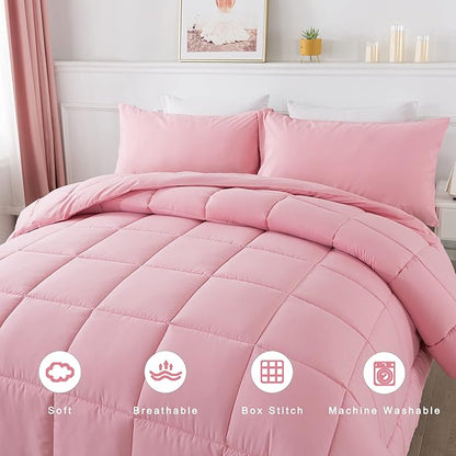 DOWNCOOL Twin Comforter Set -All Season Bedding Comforters Sets with 1 Pillow Case -2 Pieces Bed Set Down Alternative Comforter Set -Pink Twin Bedding Sets(64"x88")