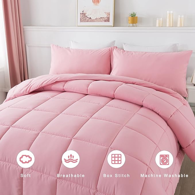 DOWNCOOL Full Size Comforter Sets -All Season Bedding Comforters Sets with 2 Pillow Cases -3 Pieces Bed Set Down Alternative Comforter Set -Pink Bedding Sets Full(82"x86")