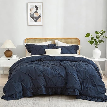 Full Size Bedding Set (1 Comforter + 2 Pillowcases) for Bedroom Boho Premium Microfiber 3 Pieces Comforter Set Washable for All Ages, Navy Blue, 80''x90''