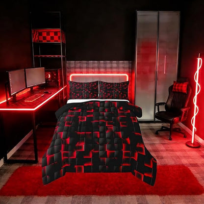Erosebridal Boys Red and Black Comforter Set Queen Geometric Checkered Kids Bedding Set Teen Men Gaming Room Decor,Abstract Ombre Plaid Comforter Grids Quilt Duvet